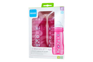 MAM Biberon 330 ml PACK Duo, Motifs animaux ROSE Tétine Débit X, à partir de 6 mois