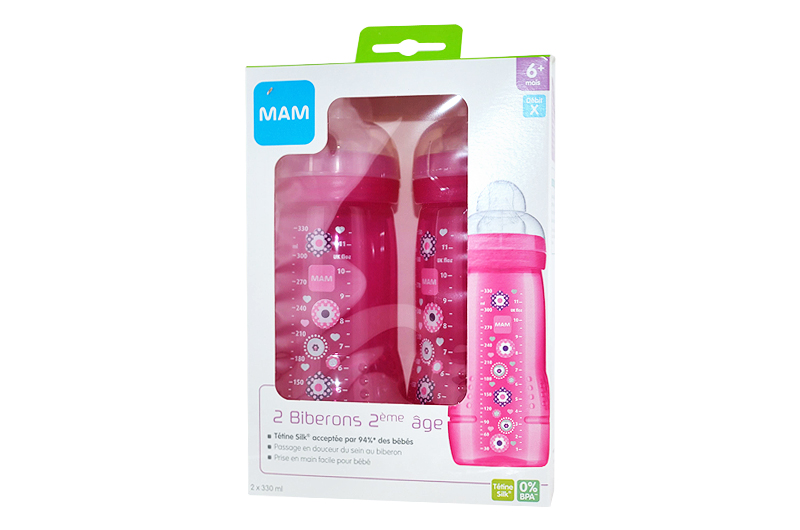 MAM Biberon 330 ml PACK Duo, Motifs animaux ROSE Tétine Débit X, à