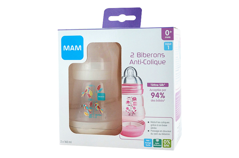 MAM Biberon anti-colique 160ml Pack duo 1 rose et 1 crème + tétine débit 1,  0 à 6 mois - Pharma-Médicaments.com