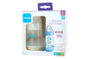 MAM Biberon anti-colique 160ml Pack duo 1 bleu et 1 crème + tétine débit 1, 0 à 6 mois