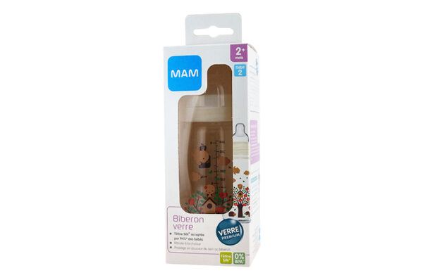 MAM Biberon VERRE 260 ml Motif arbre + tétine débit 2