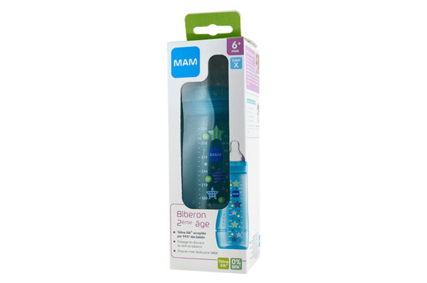MAM Biberon 330 ml, Cirque Turquoise, Tétine Débit X, à partir de 6 mois