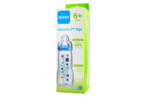 MAM Biberon 330 ml, Cercles bleu, Tétine Débit X, à partir de 6 mois