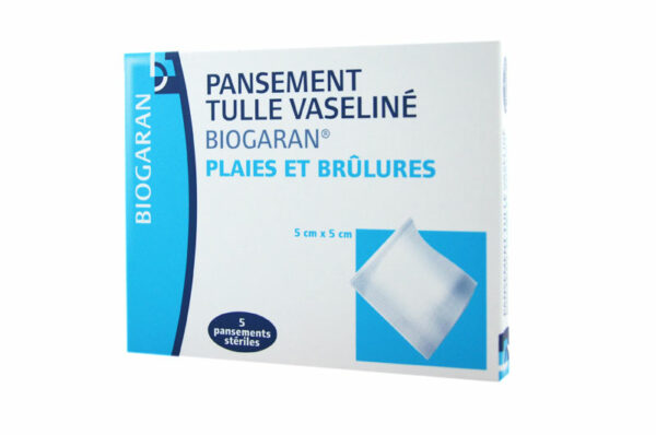 Biogaran Pansement Tulle Vaseliné Plaie et Brulures 5 cm x 5 cm 5 pansements stériles