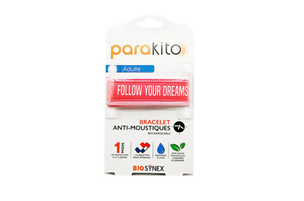 PARAKITO Bracelet anti-moustiques rechargeable Adulte Follow your dreams Fuschia poignet 18-24 cm